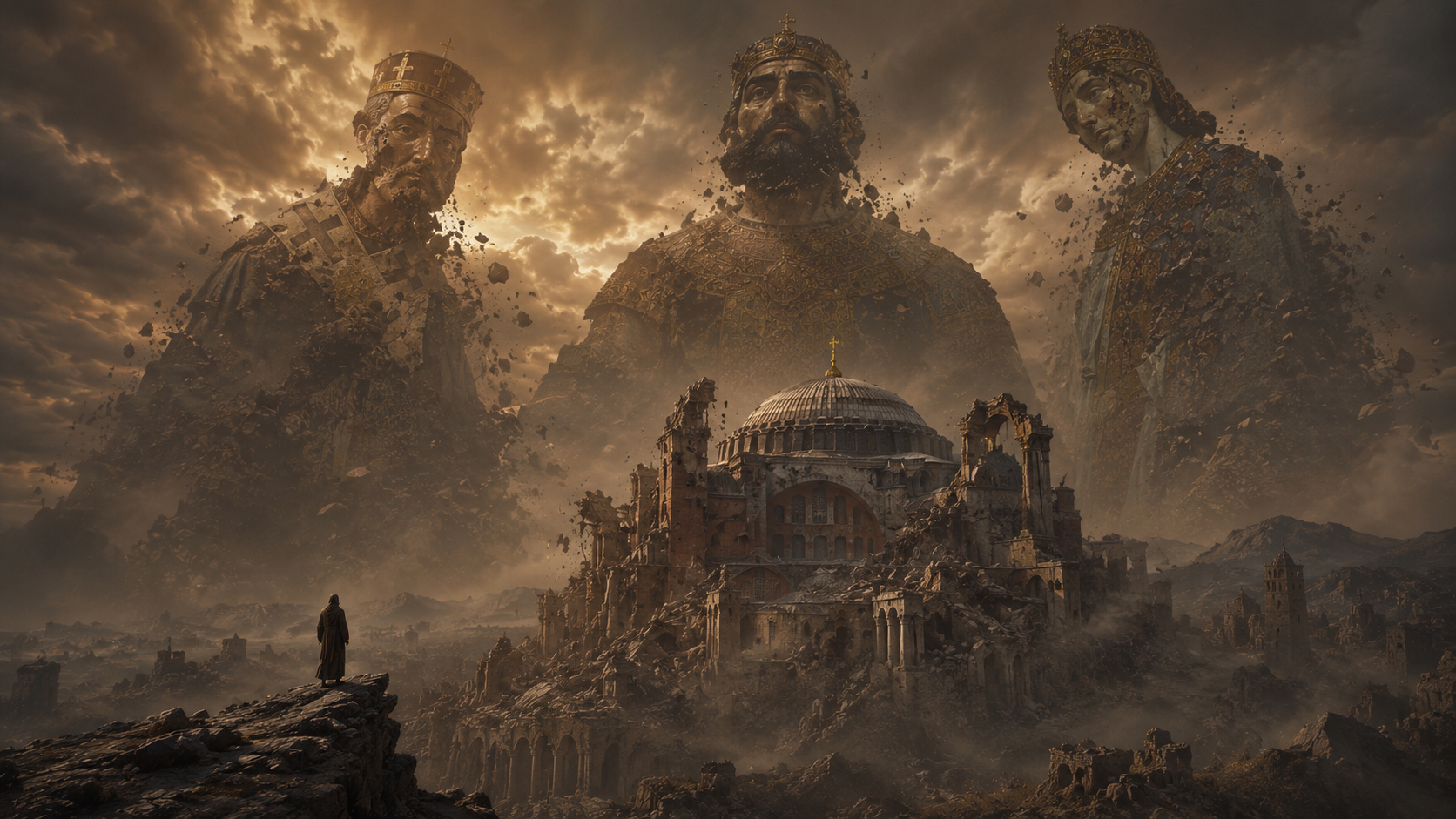 A colossal broken Byzantine god statue above a ruined civilization