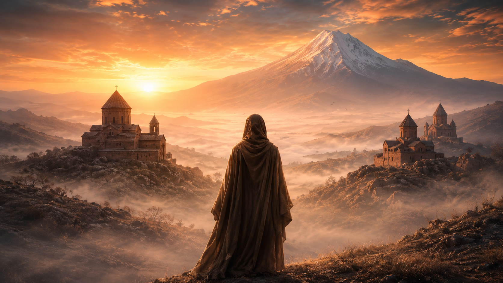 A lone monk watching ancient temples in the distance