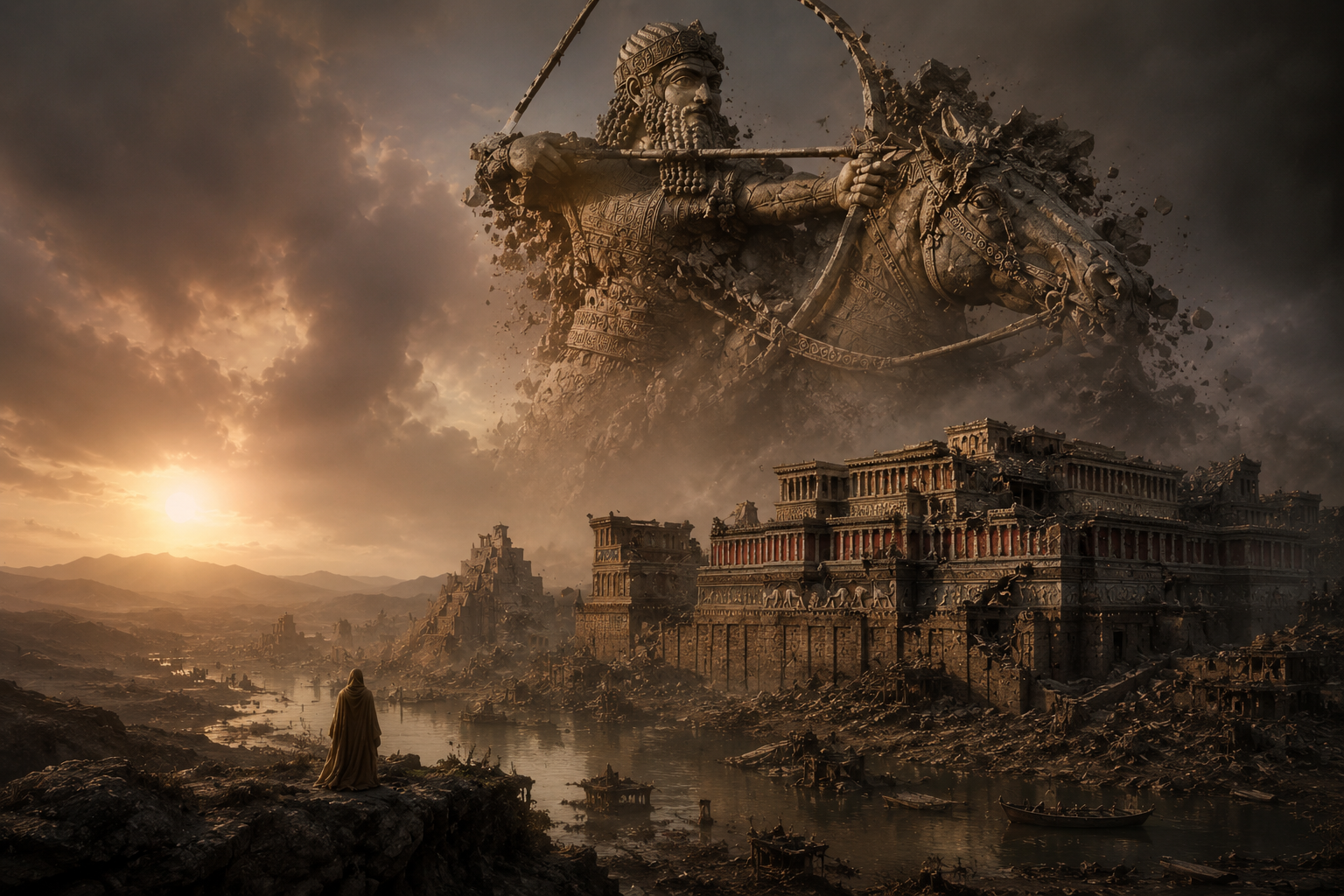 A fallen Assyrian god watching over ruins