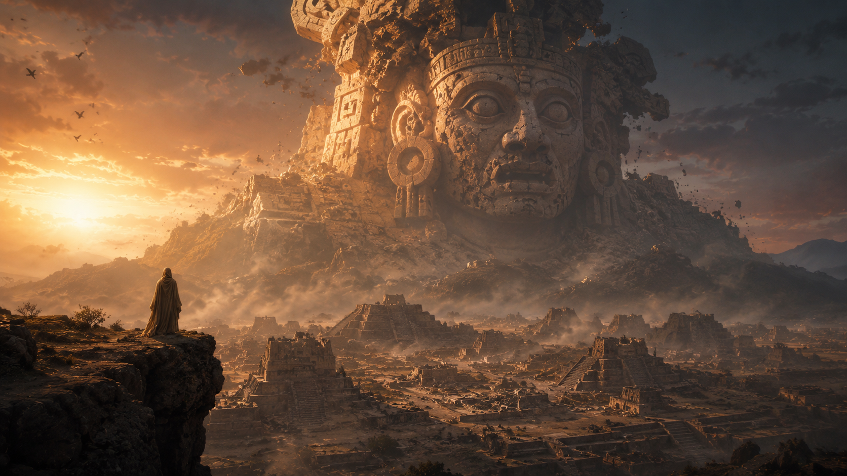 A colossal Aztec fallen god above a destroyed ancient city
